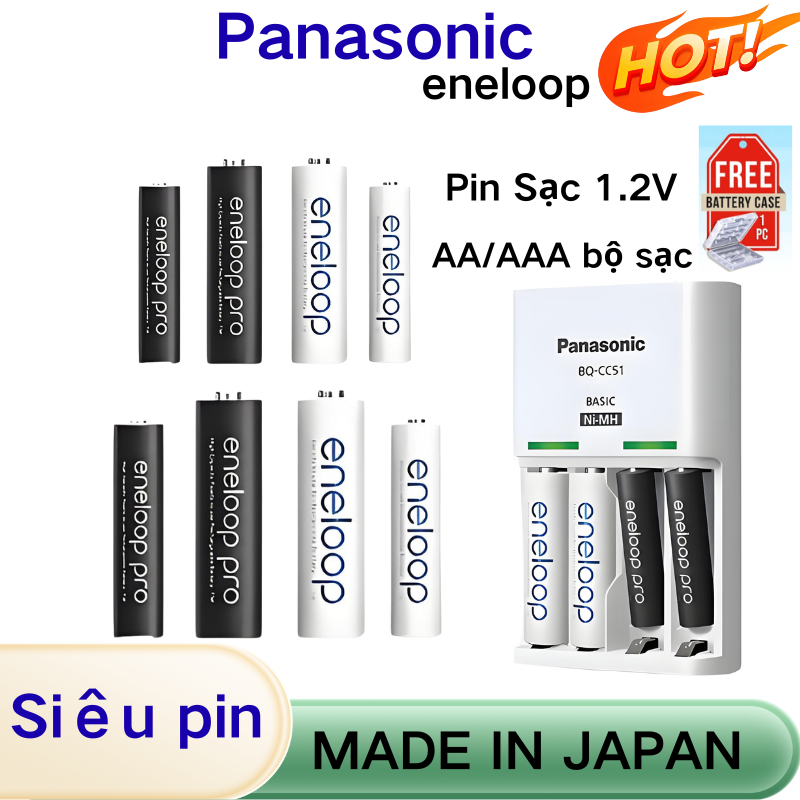 Panasonic MADE IN JAPAN Pin sạc eneloop Pro 1.2V NiMH AA 2550mAh AAA 900mAh bộ sạc BQ-CC51