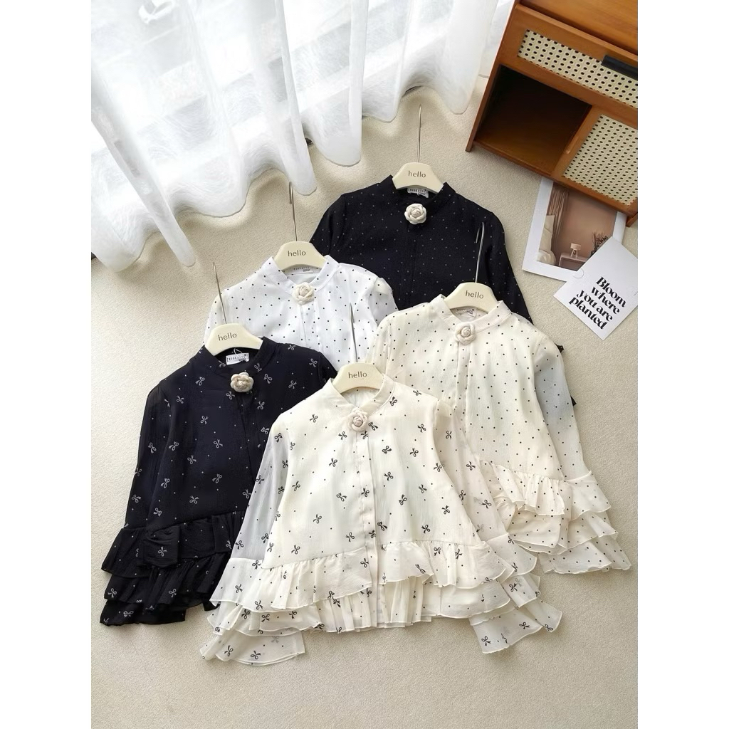 Mèo Mỡ Bigsize—Áo kiểu sơmi chấm bi tay loe bèo tầng bigsize 60-90kg