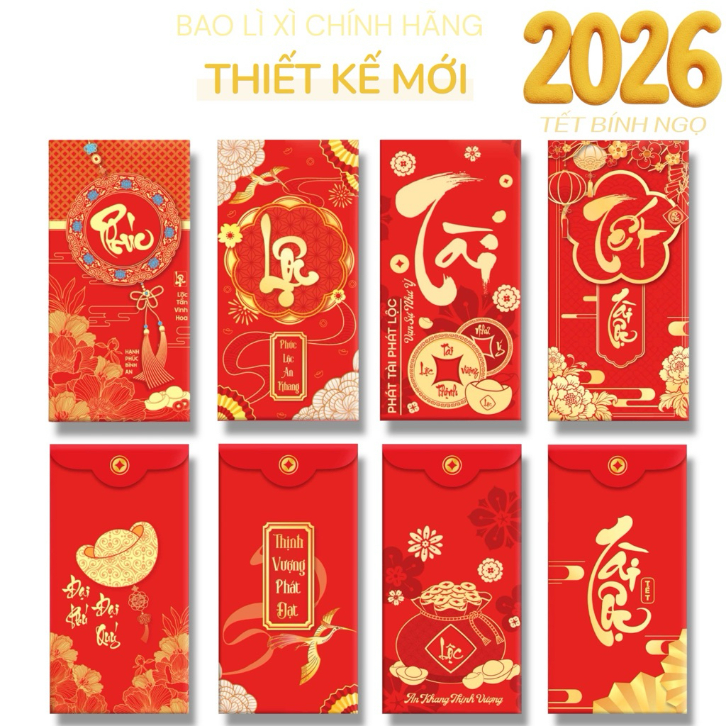 Sỉ Chọn Mẫu [COMBO 100 Cái] Bao Lì Xì 2025 Màu Đỏ Tết May Mắn Giấy Coucher