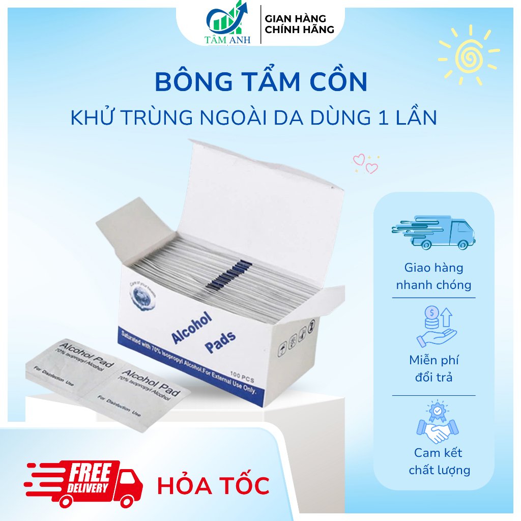 (Combo 2 - 5 hộp) Bông thấm cồn 6cm x 3cm (Hộp 100 miếng)