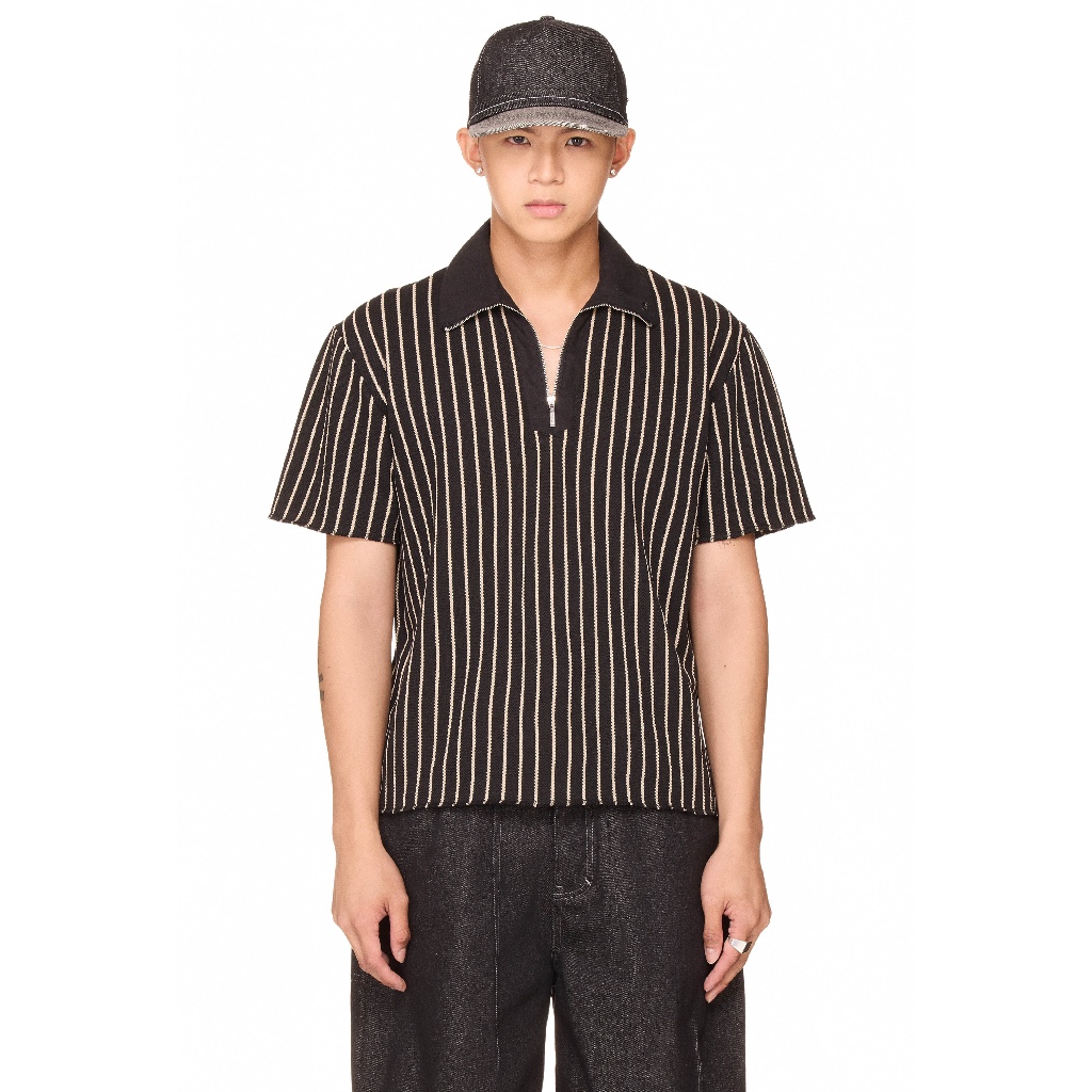 Áo polo sọc khoá kéo form boxy unisex - BEUTER® HALF ZIP STRIPED POLO - BLACK