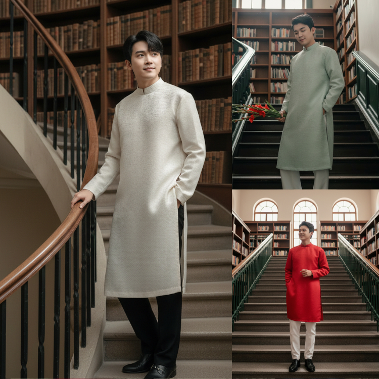 Áo Dài Cách Tân Nam Vải Tafta ánh kim kéo khóa sau, phom vai vuông cứng phom