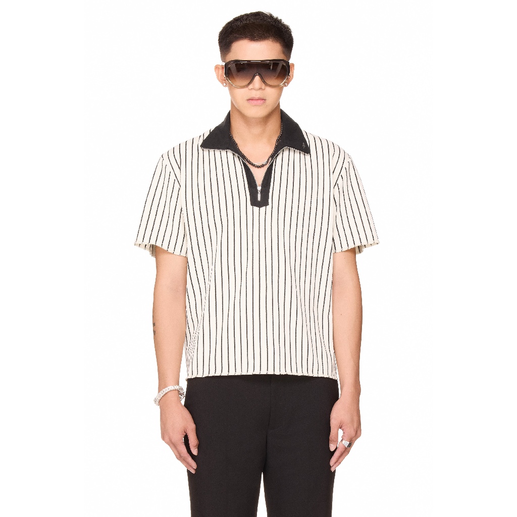Áo polo sọc khoá kéo form boxy unisex - BEUTER® HALF ZIP STRIPED POLO - WHITE