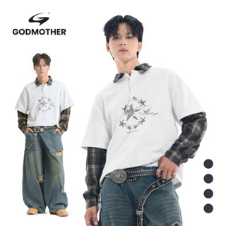  Áo Sweater Polo Phối Kẻ GODMOTHER Chất Cotton Cổ Bẻ In Chữ THE ARTIMES 