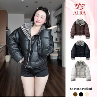  Áo phao nữ dáng ngắn hàn quốc Phối Kẻ Thời Trang Vải Da form rộng  Áo khoác phao nữ mới 2025 