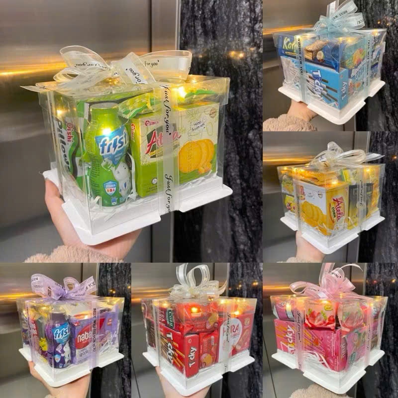 Box Quà Full Bánh Kẹo Mini - Size 18x18x13cm - [Có đèn LED] - Nhiều Màu (Kèm thiệp) Quà Tặng Sinh Nhật, Valentine , 8/3
