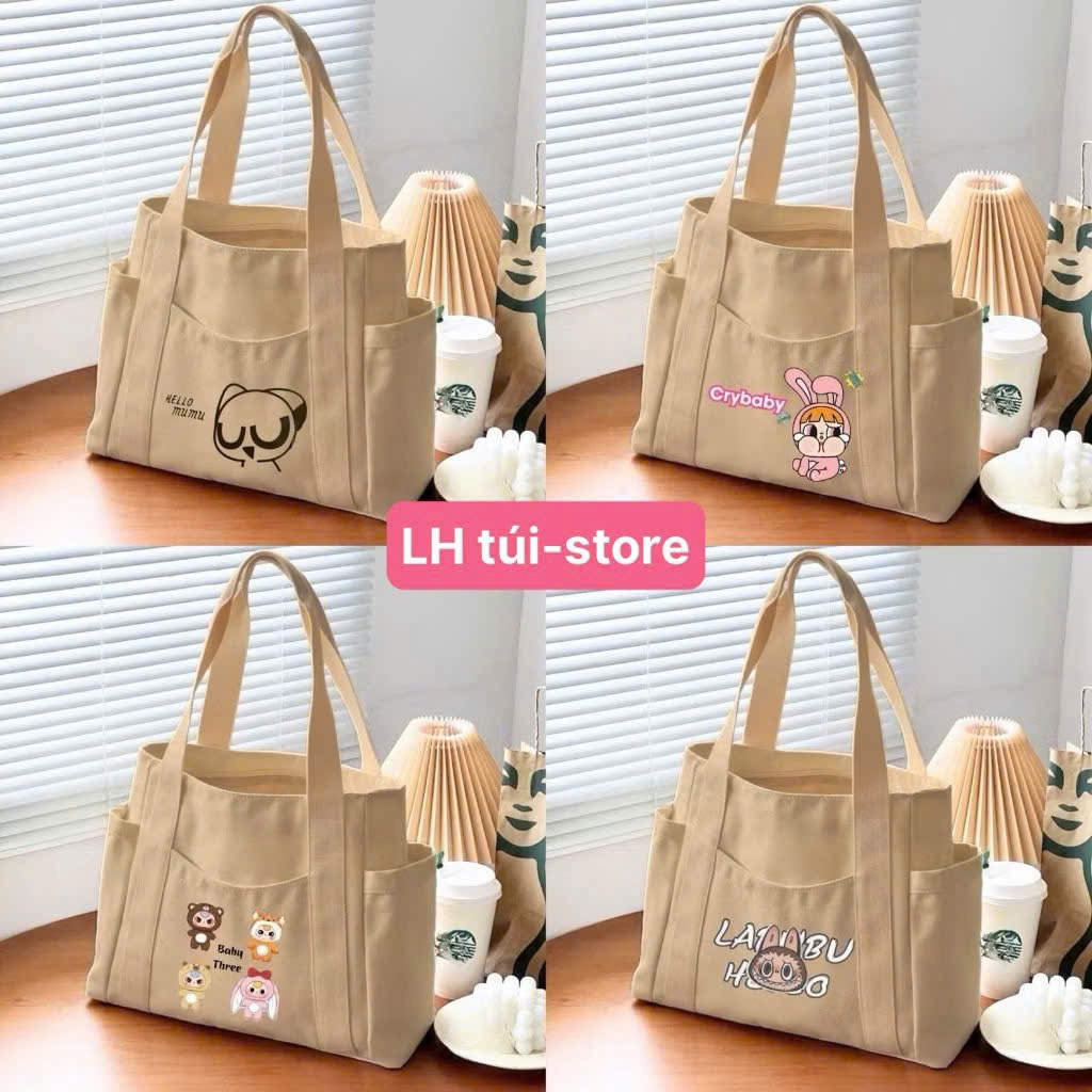 Túi xách vải Canvas tote in hình thời trang nữ có ngăn phụ,túi đeo vai đựng vừa khổ A4 laptop