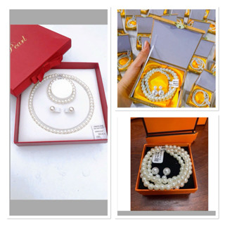 SET BỘ VÒNG Ngọc trai 3 chi tiết vòng cổ vòng tay hoa tai nhân tạo hộp gấm, hộp đỏ, hộp cam