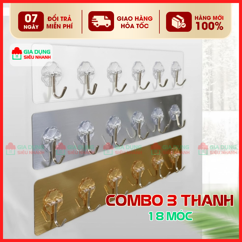 Combo 3 Thanh Kim Loại Dán Tường 18 Móc Treo Đồ Siêu Chắc – Tiện Lợi Cho Mọi Gia Đình.