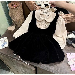   SẴN -PT   Set váy yếm + áo sơ mi tay dài chất nhung sz 5-18kg màu đen cho bé gái 