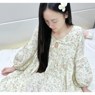  Đầm babydoll tay bồng xô muslin Tay Dài phối ren mặc nhà đi chơi nhẹ dịu dễ thương 