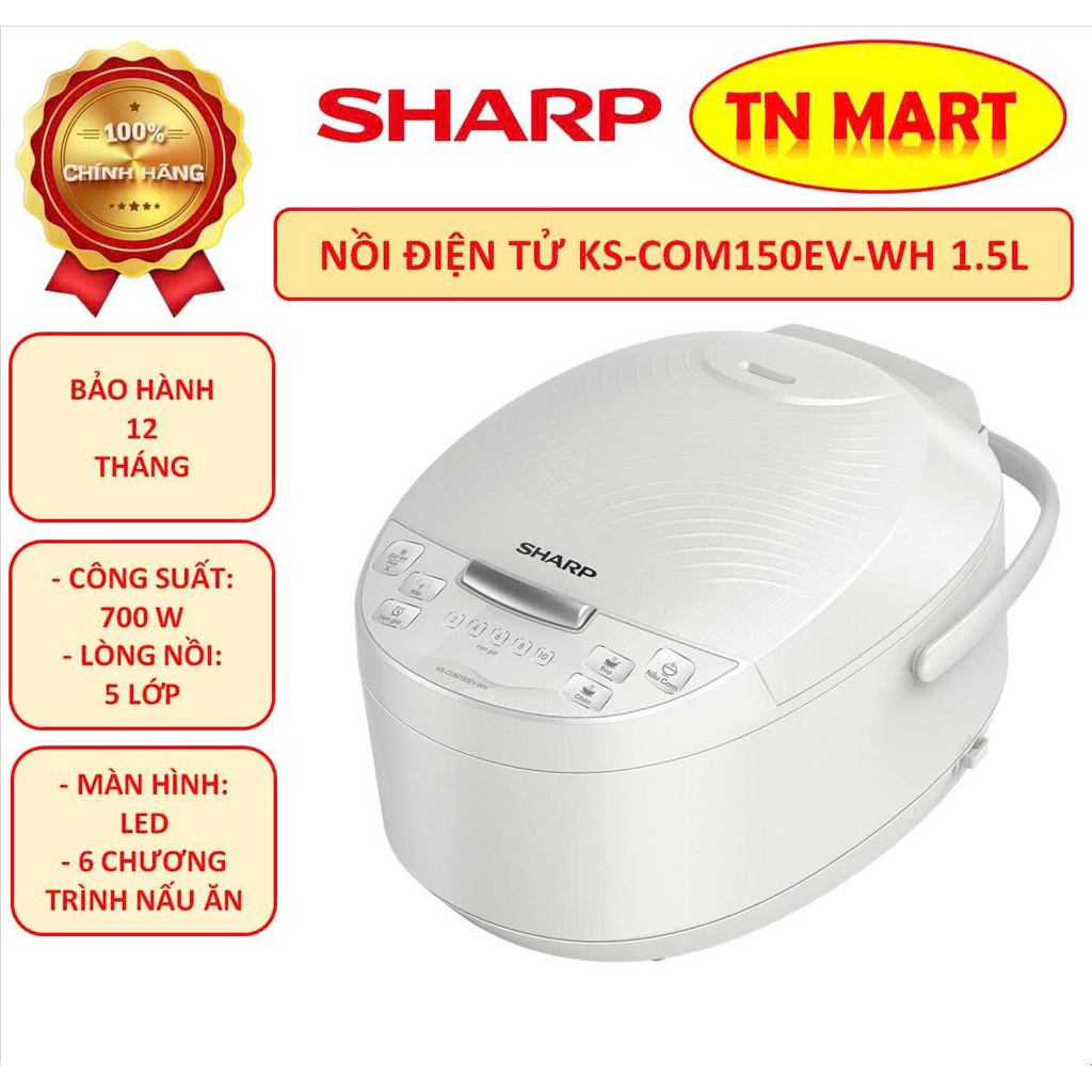 Nồi cơm điện tử Sharp 1.5 lít KS-COM150EV-WH có xửng hấp, chính hãng, bảo hành 24 tháng trên toàn quốc
