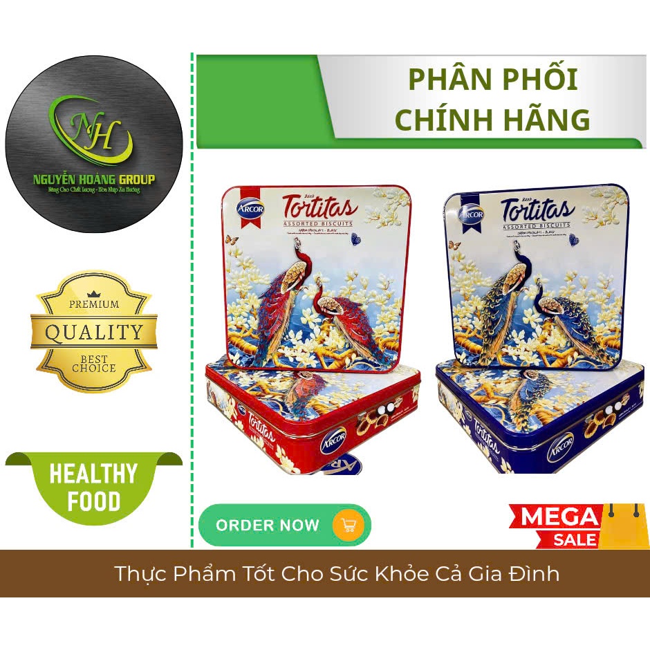 ARCOR - Bánh Tortitas Hộp Thiếc Vuông Con Công 415gr Các Loại