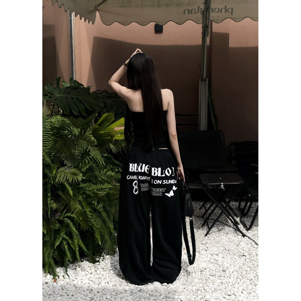 Quần Dài Nỉ Da Cá In Họa Tiết  BlueBloa - Quần Suông Thụng Unisex Hè Thu Màu Trắng Tàn