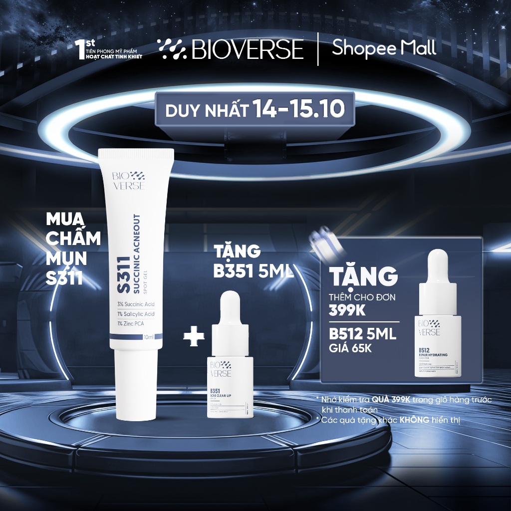 Gel chấm mụn 3% Succinic acid + 1% Salicylic Acid hỗ trợ giảm khuẩn và se còi mụn Bioverse S311 Succinic Acneout 10ml
