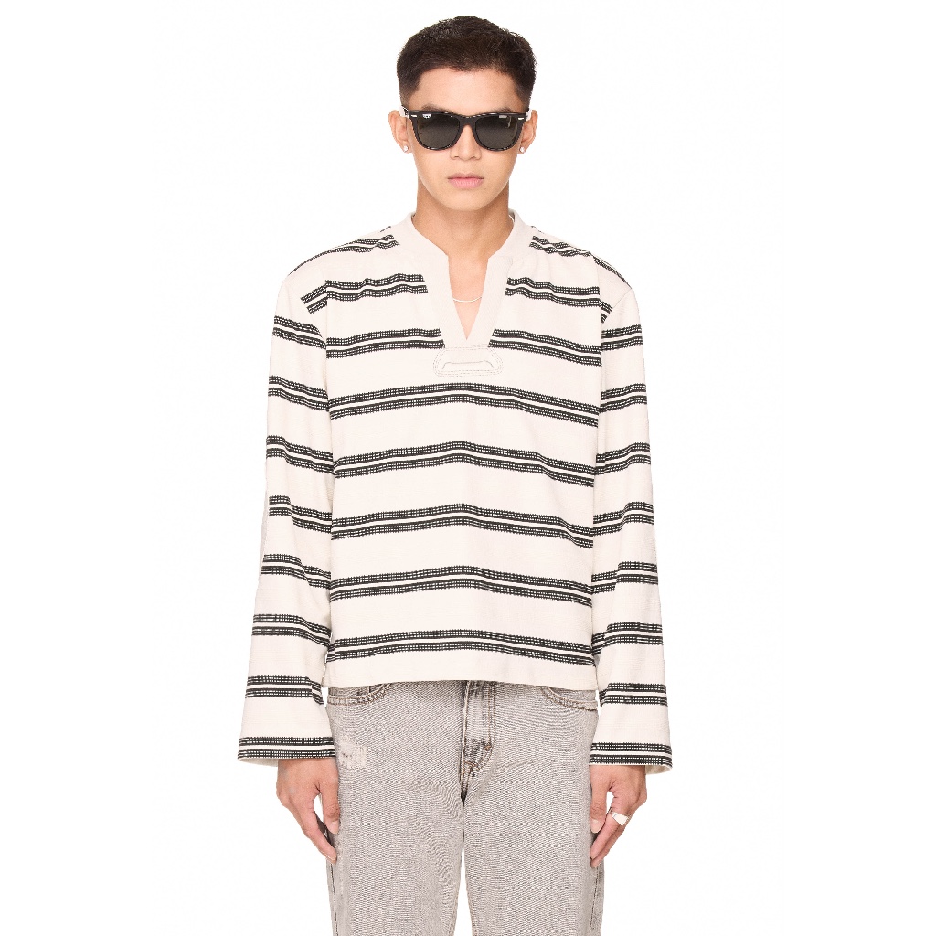 Áo thun tay dài cổ chữ V - BEUTER® STRIPED ELBOW PATCH SWEATER - WHITE