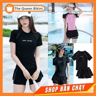 [Size S - 2XL] Đồ bơi nữ 2 mảnh áo tay ngắn in chữ quần 2 lớp kín đáo bikini đi biển phong cách thể thao The Queen 090