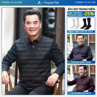 [ Sẵn Hàng ] Áo Len Trung Niên nam Lót Nỉ Nhung Mềm Mịn Ấm Áp Phối Cổ Sơ Mi Lịch Lãm, Áo Len Tặng Bố