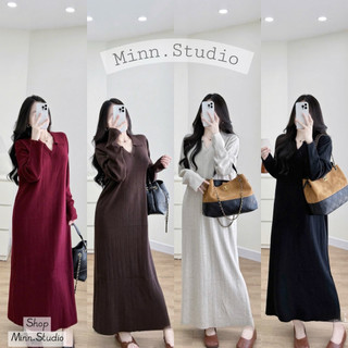   Minn.Studio  Váy Len PoLo Dáng Suông Dài Cổ V. Chất Len Mềm,Co Dãn  Hàng QC -PL44 