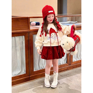  Tặng Búi Tóc Ong kis Sét áo 2 da hình in cô gái tóc đỏ kèm chân váy nhung chéo đính nơ phom bí ngô sang chảnh cho bé gái 