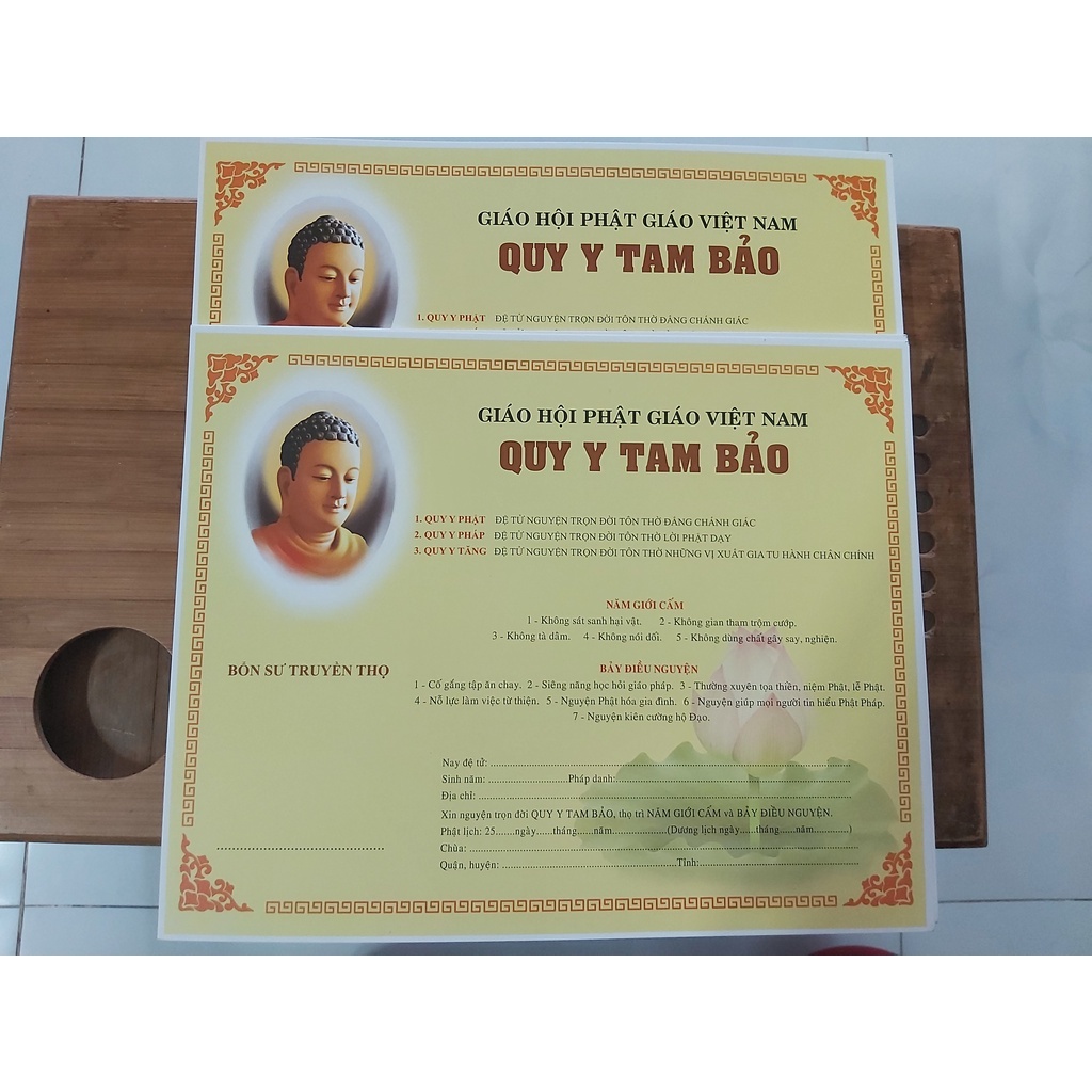 Phái Quy y Tam Bảo vàng lớn (xấp 50 tấm) - TỜ QUY Y TAM BẢO 02