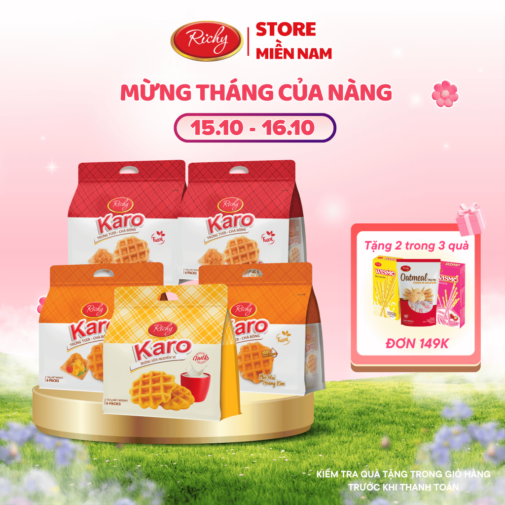 [HCM | VỊ SỮA MỚI] Combo 4 bịch bánh Karo Richy trứng tươi chà bông sợi gà, phô mai hoàng kim, HSD 45 ngày