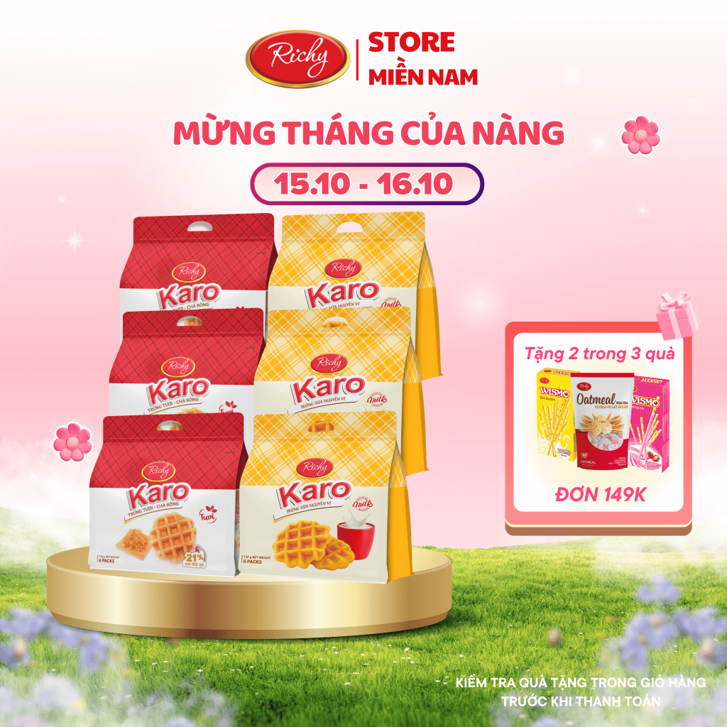 [VỊ SỮA MỚI] Combo 6 bịch bánh Karo Richy trứng tươi chà bông và phô mai hoàng kim, HSD 45 ngày