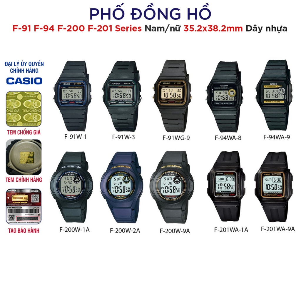 Đồng hồ nam nữ chính hãng Casio Anh Khuê huyền thoại Series F-91 F-94 F-200 F-201 tuổi thọ pin 7 năm