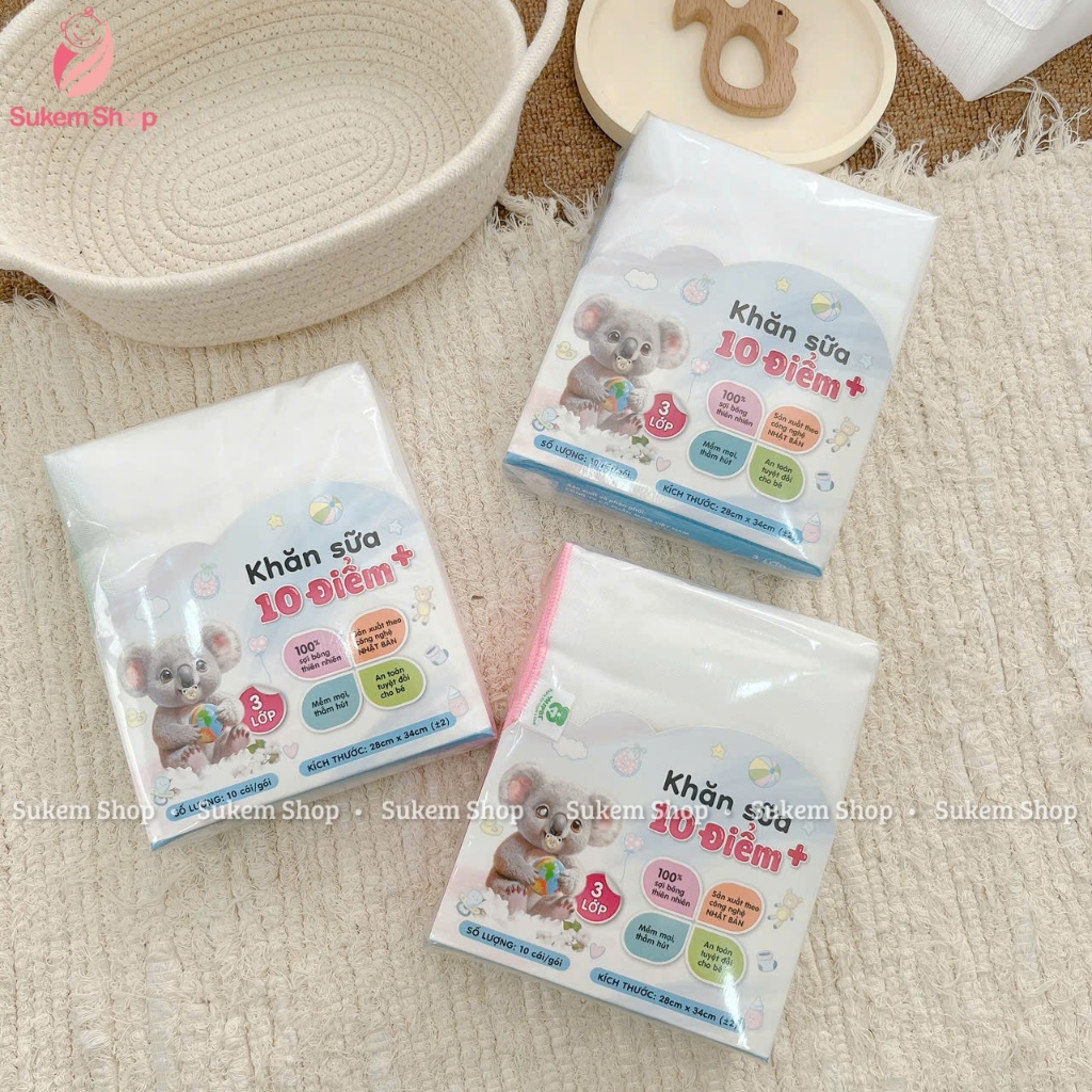 Khăn Sữa Mipbi 10 Điểm Set 10c Chiếc, Khăn Sữa Xô Gạc 100% Cotton Truyền Thống Cho Bé