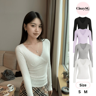 Áo Thun Nữ Tay Dài Thiết Kế Cổ V Phối Ren Ôm Body Chất Liệu Len Dệt Kim Co Giãn TD14 CinZy SG