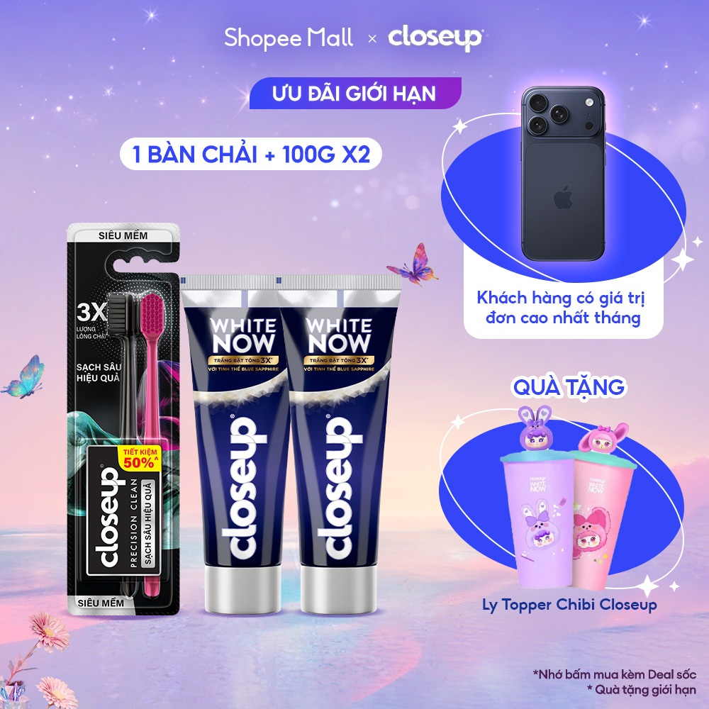 Bộ 2 Kem Đánh Răng và Bàn Chải Closeup - White Now Răng Trắng bật tông 3x Tức thì 100g và Precision Clean siêu mềm