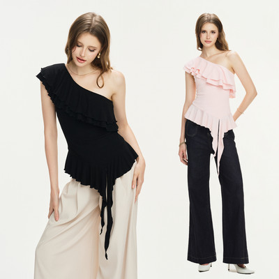 RECHIC Áo kiểu lệch vai Lipies phối bèo sành điệu trendy cá tính
