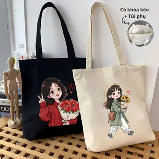 Túi tote vải canvas hình cô gái hot trend có khóa kéo và ngăn phụ We Tee - WTU01