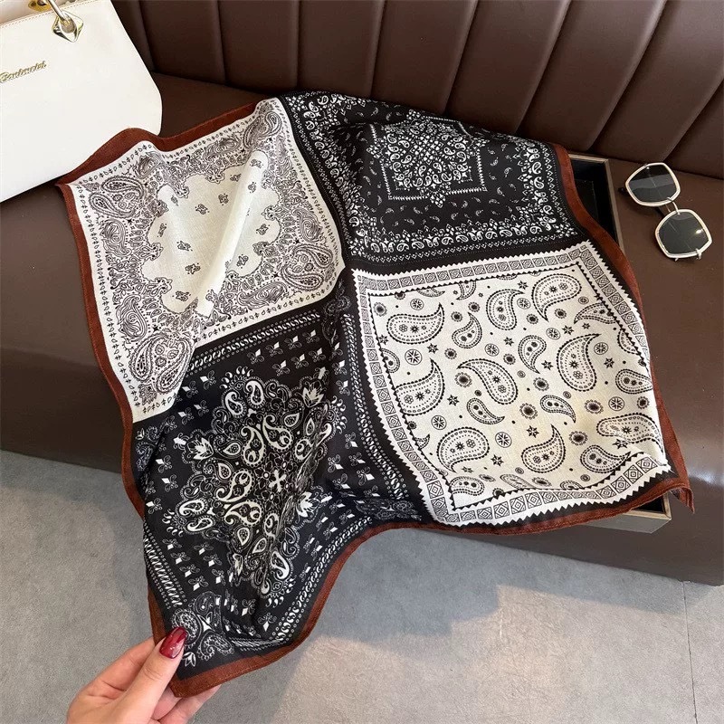 Khăn Vuông Bandana Lụa 50x50 Họa Tiết Vintage Nâu Đen Trắng Cao Cấp Phong Cách Retro Phối Áo Váy Túi