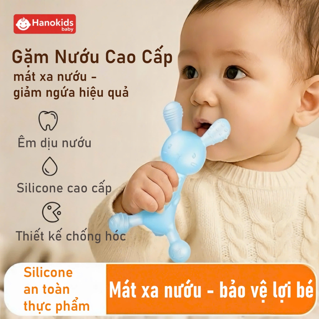 Gặm Nướu Hình Thỏ Hanokids Baby Cao Cấp – Silicone Nano Bạc Mềm Mại, Mát Xa Nướu Bé An Toàn
