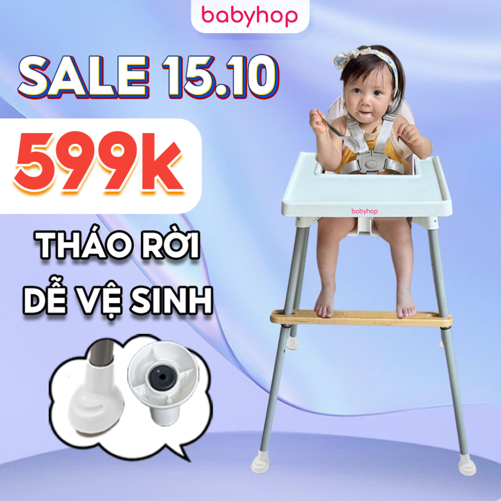 (Combo Ưu Đãi) Ghế ăn dặm, bàn ăn cho bé Babyhop kèm mặt bàn nhựa nguyên sinh, an toàn cho bé, 3 dây đai an toàn