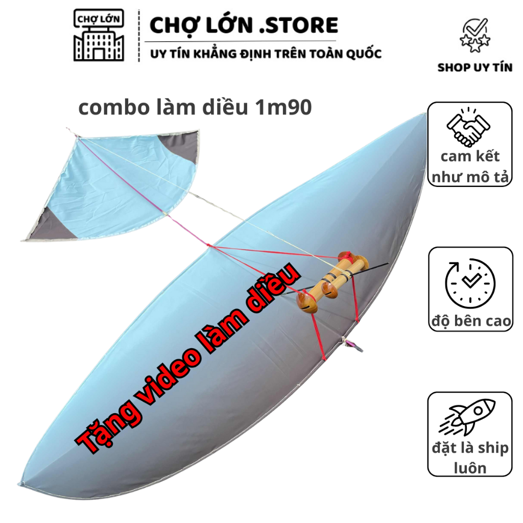 combo tự làm diều 1m9 đuôi cá, gồm vải khâu diều , khung cacbon, cáp quang, pass diều