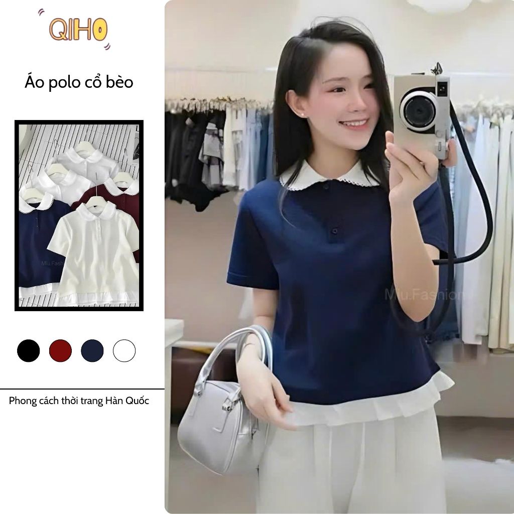 [DEAL MỞ BÁN] Áo polo nữ cổ tròn phối ren chất cotton áo thun phối cổ viền bèo áo tay cộc phối ren PL02 qiho store