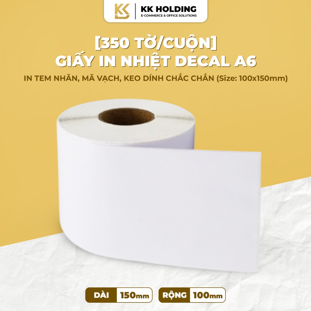 [350 Tờ/Cuộn] Giấy in nhiệt decal A6 100x150mm mặt trắng, in tem nhãn, mã vạch, keo dính chắc chắn