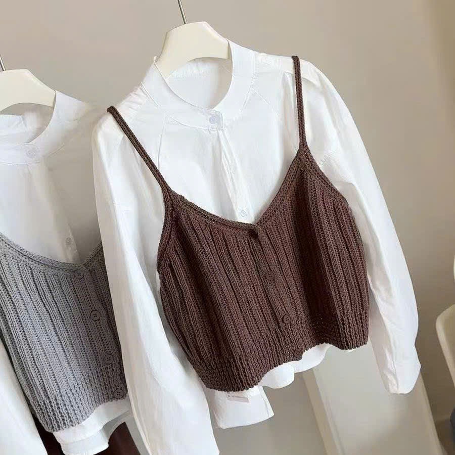 [SẴN] Áo gile len 2 dây dáng croptop mặc bên ngoài áo sơ mi, phong cách trẻ trung năng động - 039