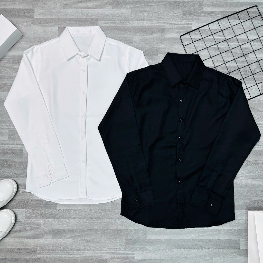 P93 Áo sơ mi nam tay dài cổ bẻ vải mango đơn giản sang trọng thanh lịch màu đen màu trắng