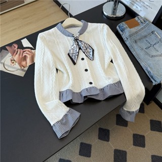  Áo Len Nữ Dài Tay Hàn Quốc Áo Len Cổ Ngọc Phối Viền Kẻ Buộc Nơ Viền Tay Bèo Tiểu Thư Freesize HQA4 