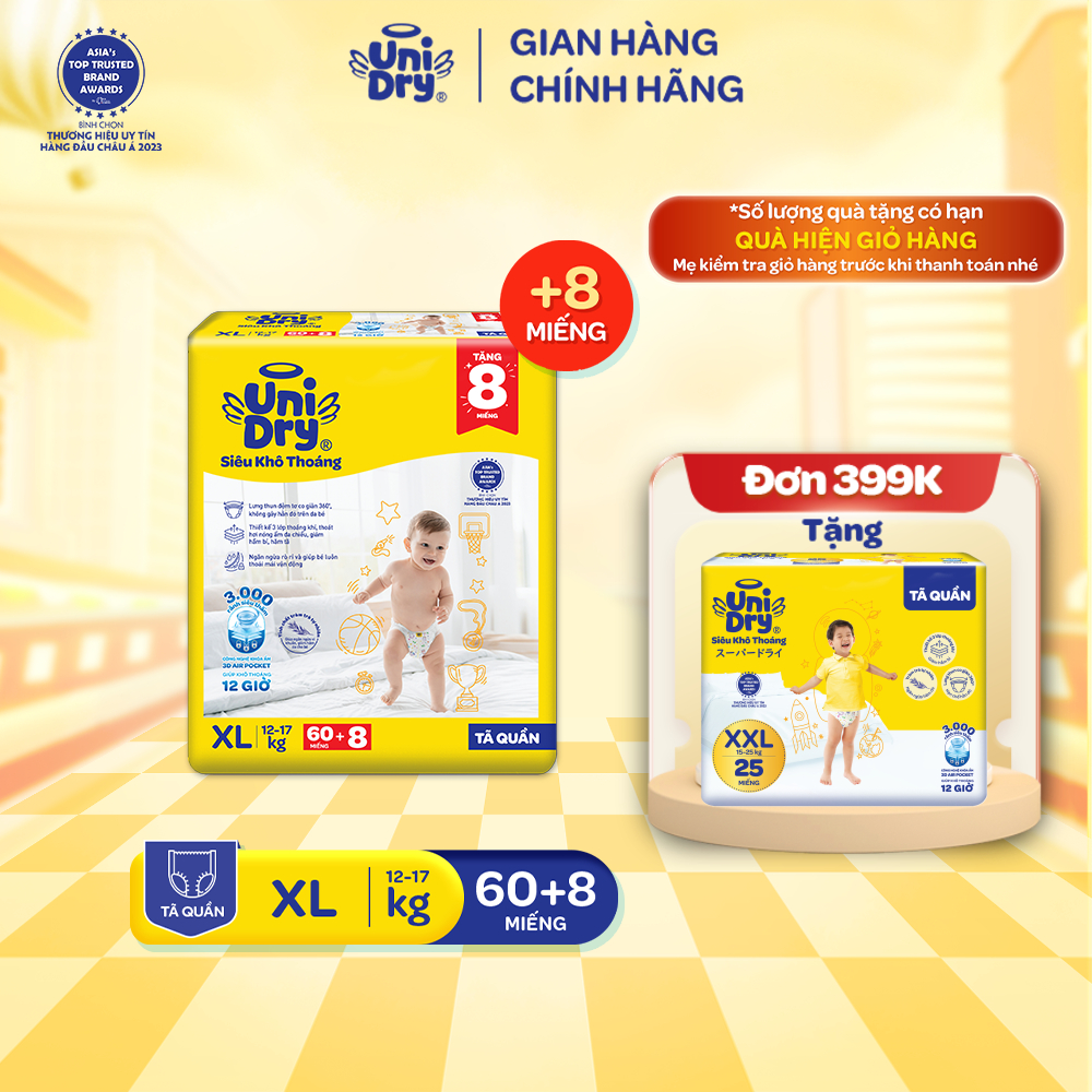 [HỎA TỐC] Tã quần UniDry Siêu khô thoáng gói Super Jumbo mới size M76/L68/XL60/XXL54+ 8 miếng