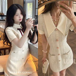 ĐẦM DẠ TRẮNG CỔ SEN ĐÍNH NƠ (về thêm cổ nhọn nút 4 túi)
