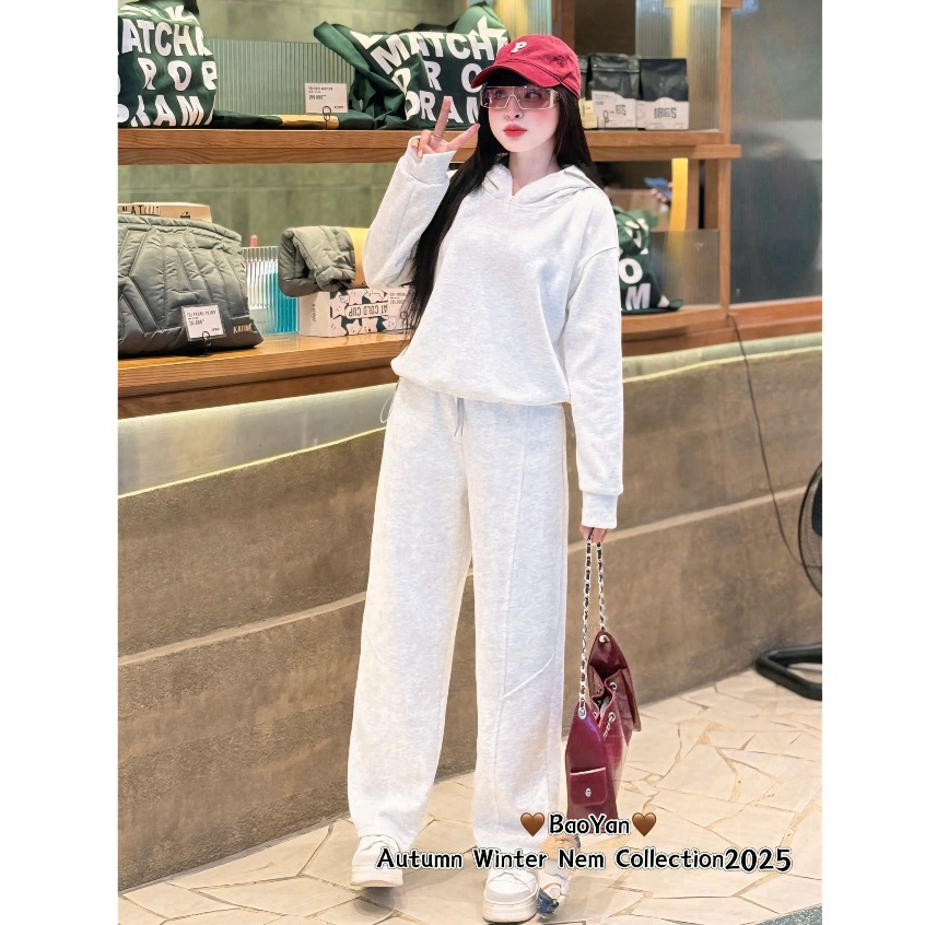 Set đồ nỉ nữ,Bộ nỉ nữ cao cấp 2 da có mũ trùm mix quần dáng suông siêu hot C01