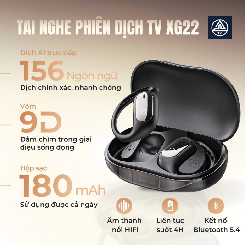 Tai Nghe Phiên Dịch TV XG22 Phiên Dịch AI 156 Ngôn ngữ, Chống nước IPX5, nghe nhạc hay, âm thanh nổi HiFi
