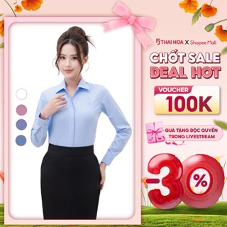 Áo sơ mi nữ 24ASW-253 dài tay chất liệu cà phê NANO vải rập chìm hình khối 3D cao cấp Thái Hòa