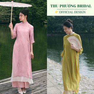  Áo Dài Cách Tân YÊN CHI dáng suông 4 tà vải tơ crep thêu hoa chỉ nổi cao cấp mặc đi lễ tết cưới hỏi 