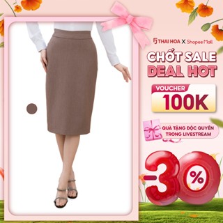 Chân váy nữ Thái Hòa 25CVW-260 dáng bút chì dài màu nâu tiêu 2 lớp
