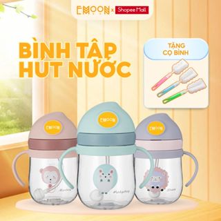 Bình tập uống nước Emoon 250ml ống hút silicon có van chống sặc chịu nhiệt tốt, có tay cầm chắc chắn